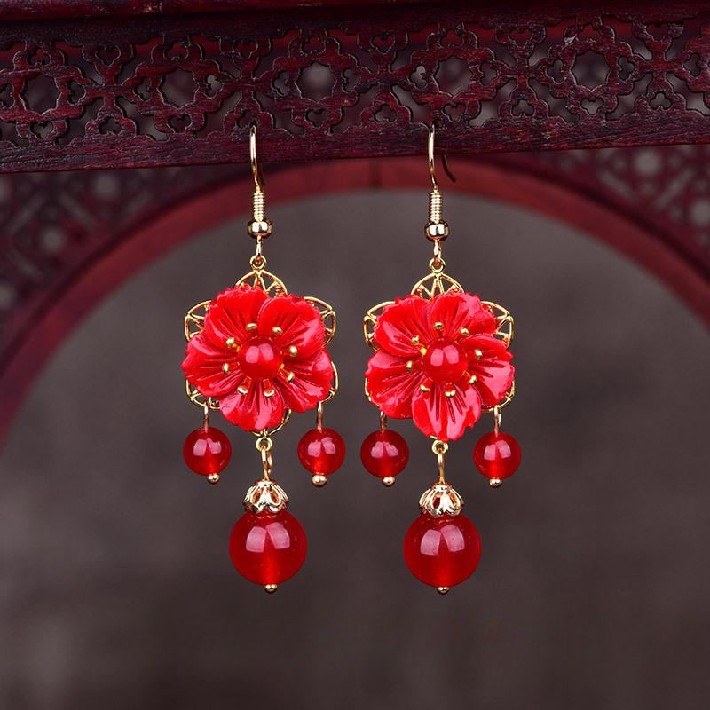 Women Fashion Jewellery - Red Jade Flower Earrings Jewelry Zircon