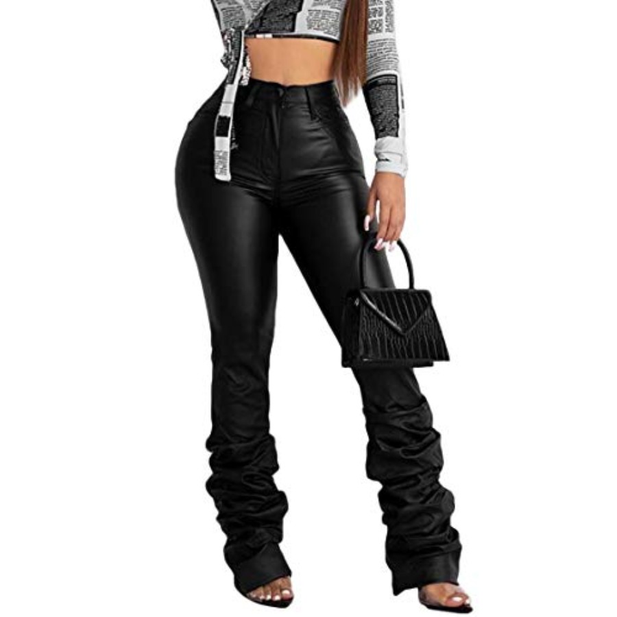 Women'S Fashion Leggings - PU Solid Middle High Waist Stacked