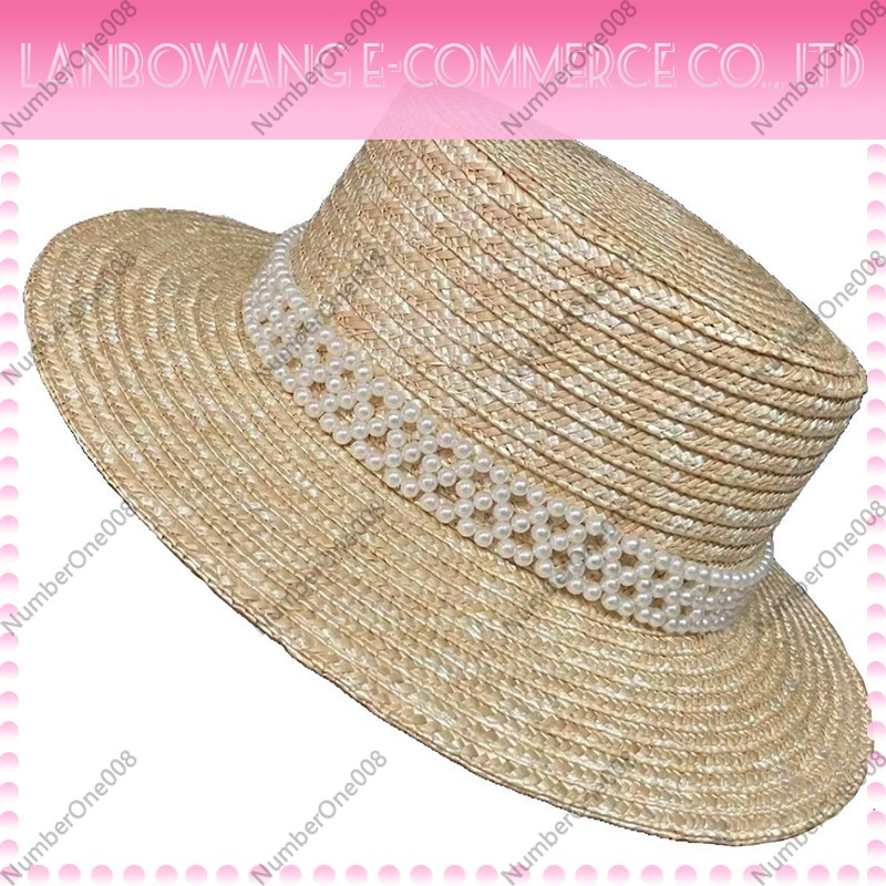 Straw Hat Summer - Pearl Decorated Straw Flat Top Sun