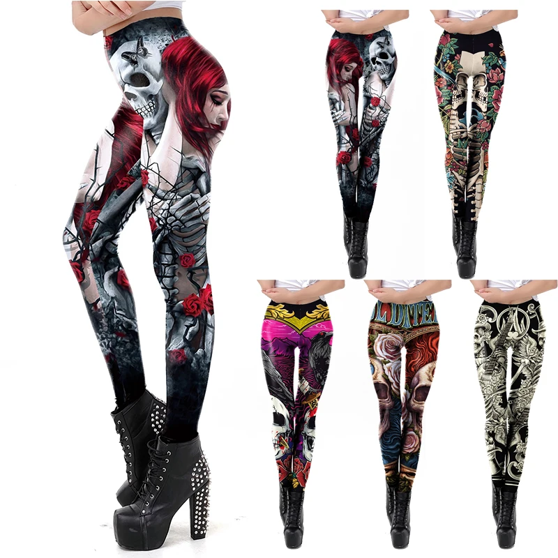 Women'S Fashion Leggings - Fashion Skull Rose Print Leggings Cosplay
